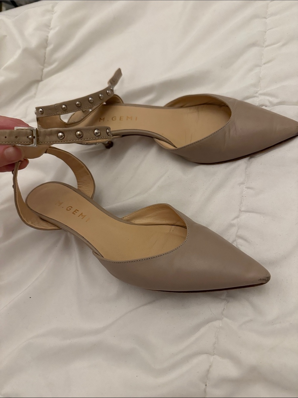 M. Gemi Taupe Pointed-Toe Studded Ankle Strap Flats